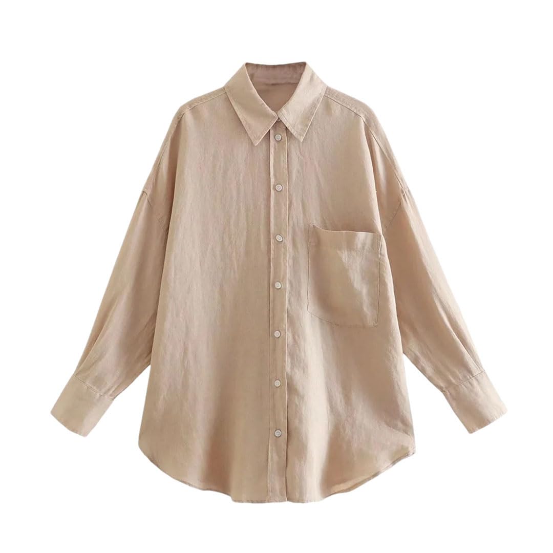 Chemise en lin avec poche pour femme - Couleur unie - Manches longues - Confort - Maison d'été