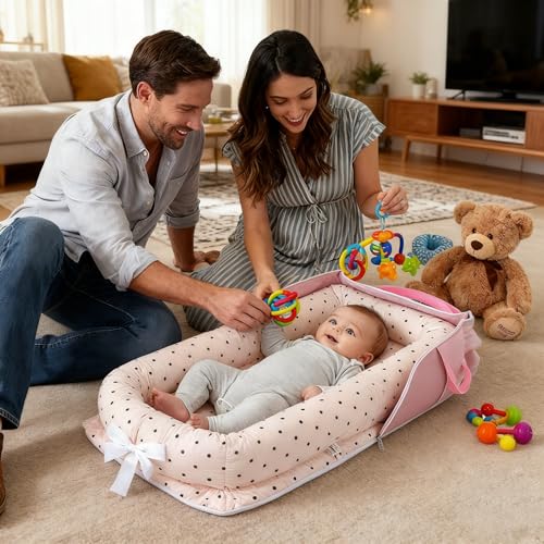Image of Baby Lounger for Newborn Portable Bag,Baby Nest Play Gym mat with Strap,Newborn Lounger Adjustable Size & Inner Zipper Lengthen Space to 24 Months(Pink Polka Dots)