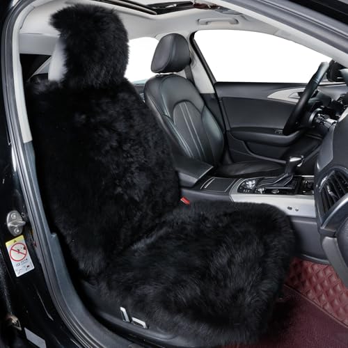 Image of OGLAND Black Fluffy Sheepskin Car Seat Cover for Soft Fur Pet Cushion Pad