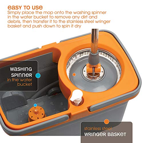 Casabella Microfiber Spin Mop and Bucket System with Replacement Head Refill, Graphite/Orange - Thumbnail 4