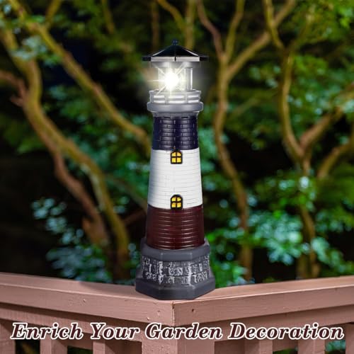 Image of Solar Lighthouse Outdoor Statues, 360 Rotating Beacon Garden Lighthouse, 15 inch Light House for Outside Garden Yard Decor, Waterproof Resin Nautical Figurines for Patio Lawn Landscape Lighting (Black)