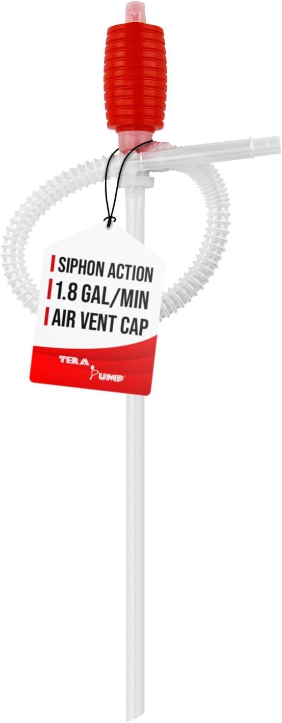 TERA PUMP TRDP14 Gas Siphon Manual Hand Fuel Pump, Liquid Transfer Pump for Light Oils, Kerosene, or Water Based Chemicals