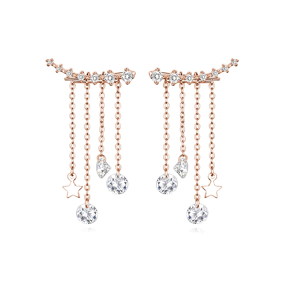 Reffeer Solid 925 Sterling Silver Crawler Earrings Tassel Chain Dangle for Women Teens 7 Crystal Cuff Earrings Climber