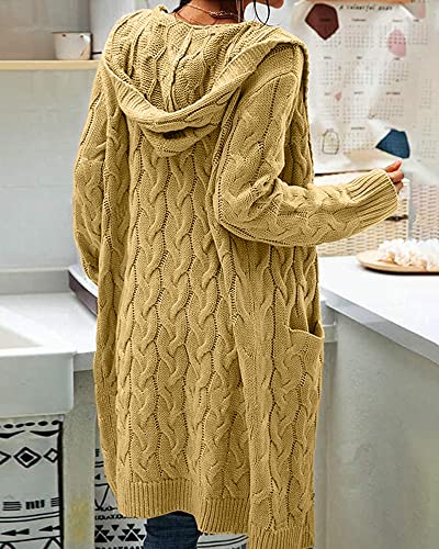 Image of Women Hooded Open Front Cardigan Cable Knit Chunky Long Sweater Coats