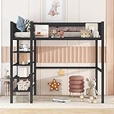 Bellemave Twin Size Metal Loft Bed with 4-Tier Shelves and Storage, Loft Bed with Bookshelf (Black)