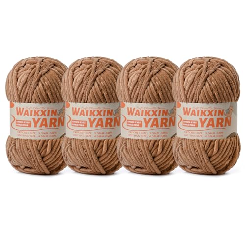 Image of (4 Light Coffee) 4 Pack Super Soft Fuzzy Chenille Chunky Yarn for Crocheting, 400g (350yds) Velvet Fluffy Amigurumi Yarn for Hand Knitting Baby Blankets Weaving Craft