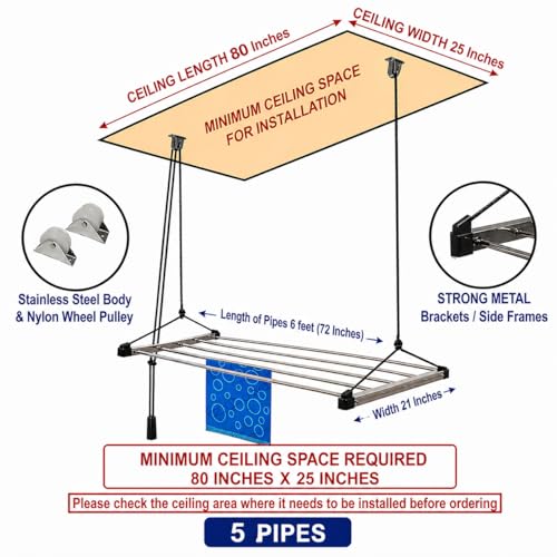 Image of Purnima Marketing PM Heavy Duty Stainless Steel (5 Pipe X 6 Feet) ECODRY Model with UV Protected Nylon Rope Ceiling Cloth Dryer | Cloth Drying Stand for Balcony | Clothes Stand for Drying