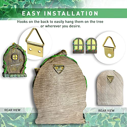 RP Fairy Door Cabin Set of 4 Garden Ornaments Outdoor Decor Home Resin Solar Decoration Accessories Glow In The Dark House Fairies Pixie Gnome Gardening Gifts For Men Women Girls Children
