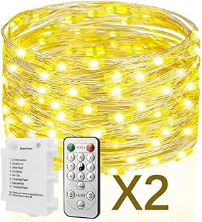Koopower 2x100 LED Battery Fairy Lights with Timer, 11M Waterproof Silver String, incl. Remote (8 Modes, Dimmable, Timer) for Outdoor and Indoor Use, Pack of 2, Warm White