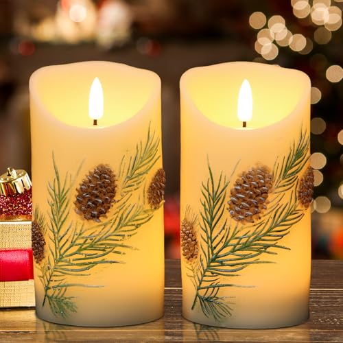 Image of Eldnacele Christmas Flameless Candles with 6 Hour Timer, Battery Operated Hand Painted Pine Cone Real Wax 3D Wick Flickering LED Pillar Candles for Dinner Indoor Holiday Xmas Decor(2Pcs, D3xH5.7)