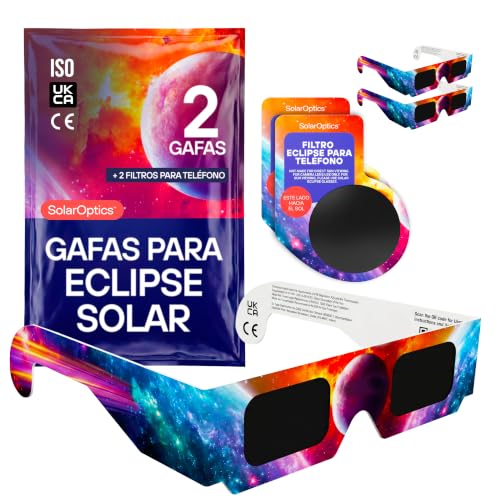 2 Gafas Eclipse Solar con 2 Filtros para Móvil – Certificadas ISO 12312-2 y CE, Kit Completo para Ver y Fotografiar el Eclipse 2026