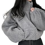 [1/2plus] ニブンノイチプラス ジャンパー ジャケット ブルゾン ボア ショート 丈 スタンド もこもこ フリース トレーナー レディース (グレー,L)