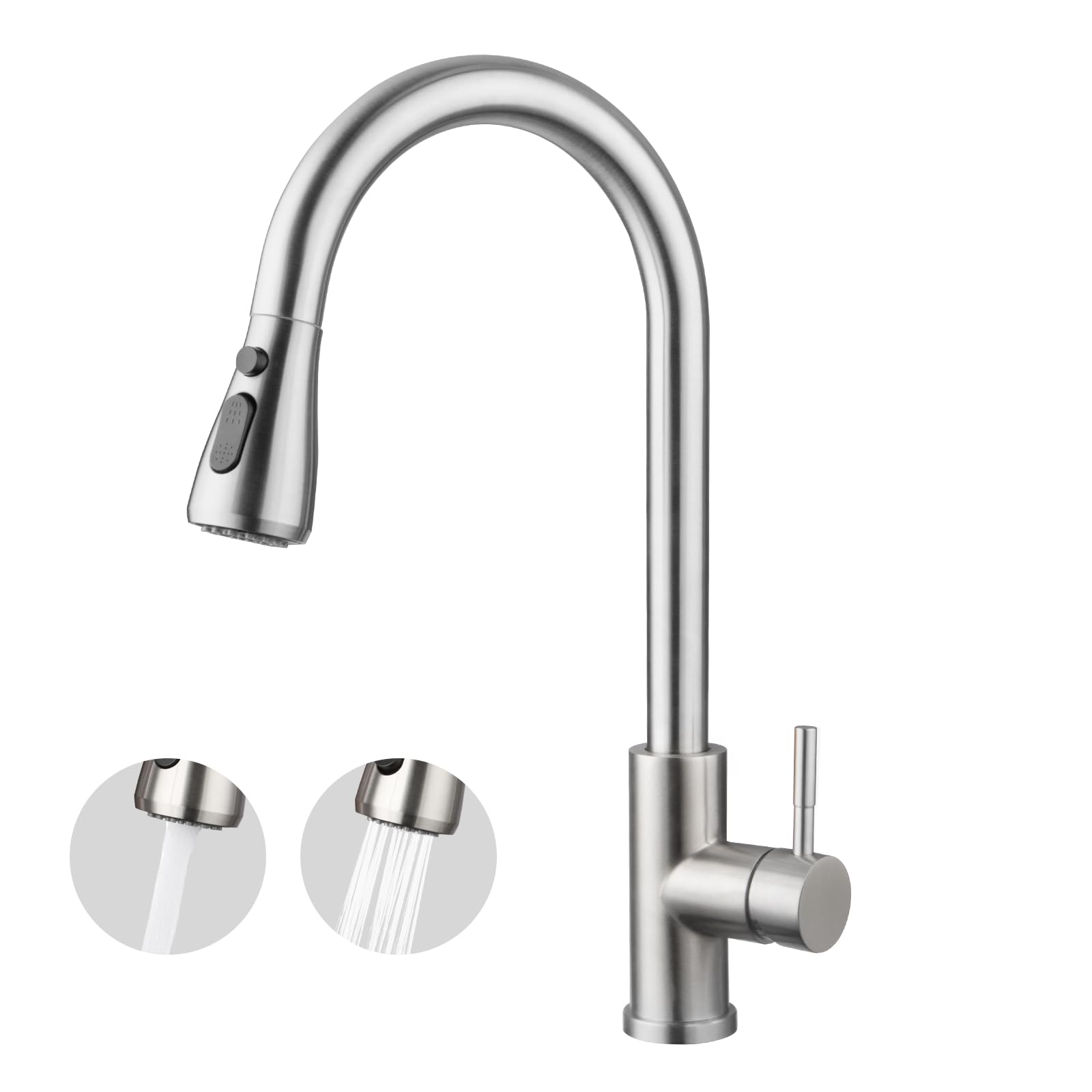 Wasserhahn Küchen, Hochdruck Küchenarmatur mit Brausekopf, 2 Wasserauslauf Modi, Wasserhahn Küche Ausziehbar, 360° Drehbar, 304 Gebürstete Edelstahl Spültischarmatur, Keramikkartusche