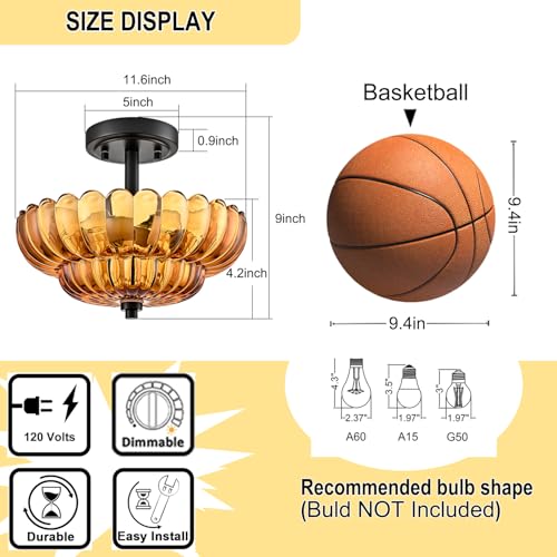 Image of Modern Amber Glass Scalloped 3-Light Flush Mount Ceiling Light Black Base | Vintage Semi Flush Mount Ceiling Light Fixture, Close to Ceiling Light Dimmable for Hallway Bedroom Entryway Kitchen