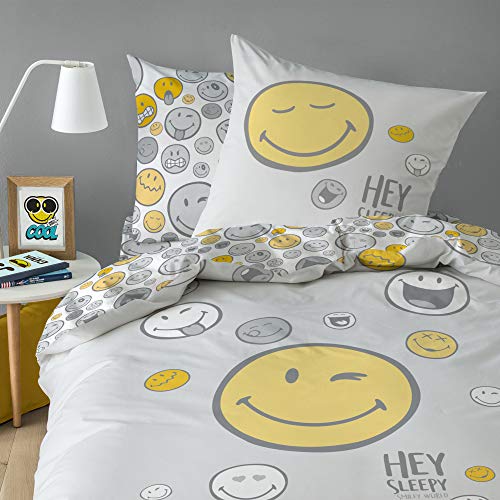 Smiley Parure de lit 100% Coton - Housse de Couette + taie d'oreiller 100% Coton Gris 240x220 cm