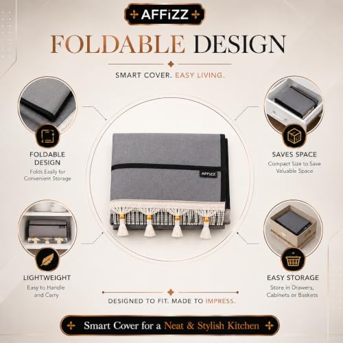 Image of Microwave Cover Top with Tassel Lace | Waterproof, Dustproof & Washable Microwave Oven Cover for Kitchen, 4 Side Storage Pockets, Durable Polyester Fabric, Dark Grey, (100 x 35 cm)