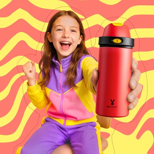 Image of 18 oz Kids Water Bottle for Sports: Meoky 18 oz Stainless Steel Insulated Water Bottle with 2-in-1 Straw and Spout Lid - Leak Proof, Cold for 24 Hours, BPA-Free for Teens Boys Girls, Heroic Red