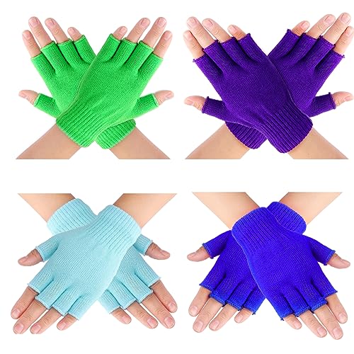 Yolev 4 Paar Fingerlose Handschuhe - Kurze Winter Strick Handschuhe für Herren und Damen - Universelle Elastische (Lila, Grün, Hellblau, Dunkelblau)