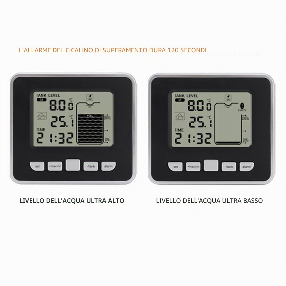 Misuratore di Livello del Liquido per Serbatoio Acqua Wireless Ultrasonico con Display del Tempo del Livello dell'Acqua, Indicatore di Batteria Scarica + Sensore di Temperatura