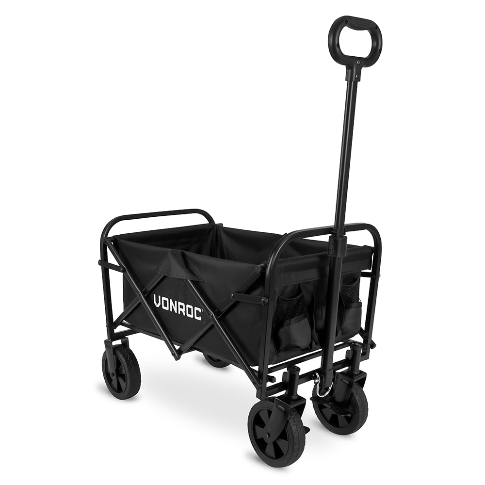 VONROC Faltbarer Bollerwagen für Garten und Strand – kompakt, 60 kg Tragkraft, 50 l Fassungsvermögen – pannensichere Räder, Stahlrahmen, zusammenklappbar mit Tasche, schwarz