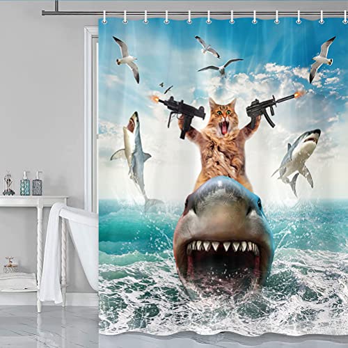 Image of Funny Cat Shower Curtain for Bathroom, Cat Shower Curtains for Boys, Funky Cats Riding Shark Fighting on Blue Ocean Fabric Waterproof Shower Curtain Sets with Hooks,Navy Blue Beach Theme Curtains