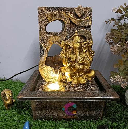 Image of Decorative Water Fountain for Home Decor, Office, Indoor & Outdoor, Garden, Puja Room, Vaastu, Reception, Spa, Gifting. (Gold Ganesh Jr UR-051) with Golden LED