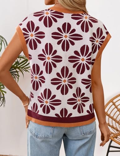 Image of ZESICA Women's Summer Trendy Knit Top 2026 Floral Print Short Sleeve Crewneck Loose Fit Sweater Vest Going Out Clothes