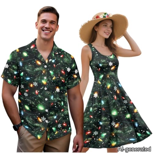 Image of Dreaweet Summer Dresses for Women A-Line Sleeveless Flowy Sun Dresses,Men's Casual Button-Down Shirts,Couple Matching Outfits