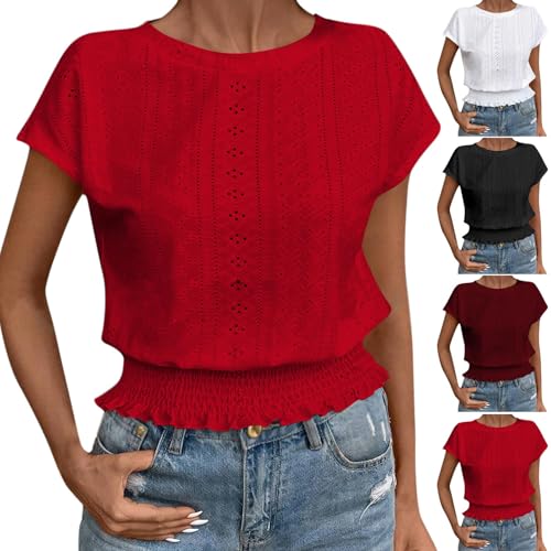 Eyelet Tops Cropped for Women Girls Y2K Tees Summer Dressy Casual Short Sleeve Shirts Elegant Business Blouses