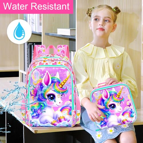 Image of AGSDON 3PCS Unicorn Backpack for Girls, 16 inch Kids Backpacks for Girl Water Resistant Preschool, Elementary Bookbag with Lunch Box