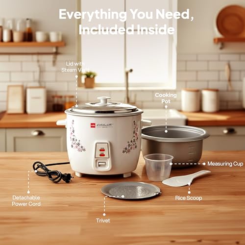Image of CELLO Iris Electric Rice Cooker with Single Pot 1.5L White | 500W Power, Removable Aluminium Non-Stick Bowl with SS Lid, Cool Touch Handle, One Touch Automatic Warm Function, For Rice Pulao Maggi Soup