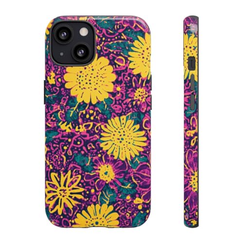 Coque iPhone 13 rigide fleurie jaune violet protection fine brillante