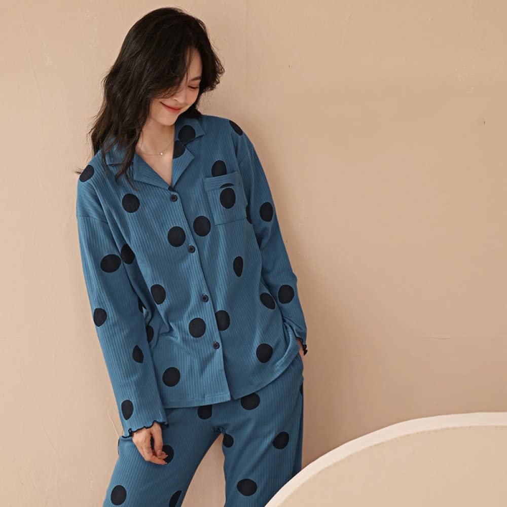 Pijamas Mujer Invierno,Conjuntos De Pijama para Mujer Estampado De Lunares De Solapa De Algodón Azul Vintage con Bolsillo Clásico Acogedor Cálido Pjs De Manga Larga Top & Amp; Conjunto De Pantalo