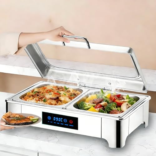 BOVDC 9L Chafing Dish Elettrico, Professionale Scaldavivande Elettrico Buffet in Acciaio Inox, Contenitore Scalda Cibo con Coperchio Trasparente per Buffet, Ristoranti, Cucine(1/2 Pan)