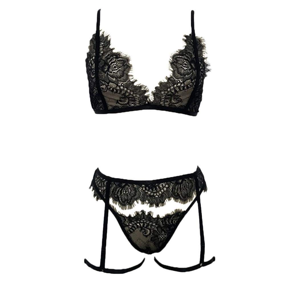 RWRAPS Intimo Sexy da Donna Camicie da Notte a V Profonda Lingerie Sexy da Donna Reggiseno Giarrettiera Perizoma Indumenti da Notte Sottili Sexy (Nero L)