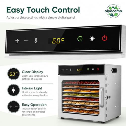 Stainless Steel Food Dehydrator, oiyocemo 8 Tray Fruit Dryer Machine with Free Recipe Book, BPA-Free, 30~90℃ Temperature Setting, Max 24h, Dehydrator Food Dryer UK for Vegetables, Meats - Image 4