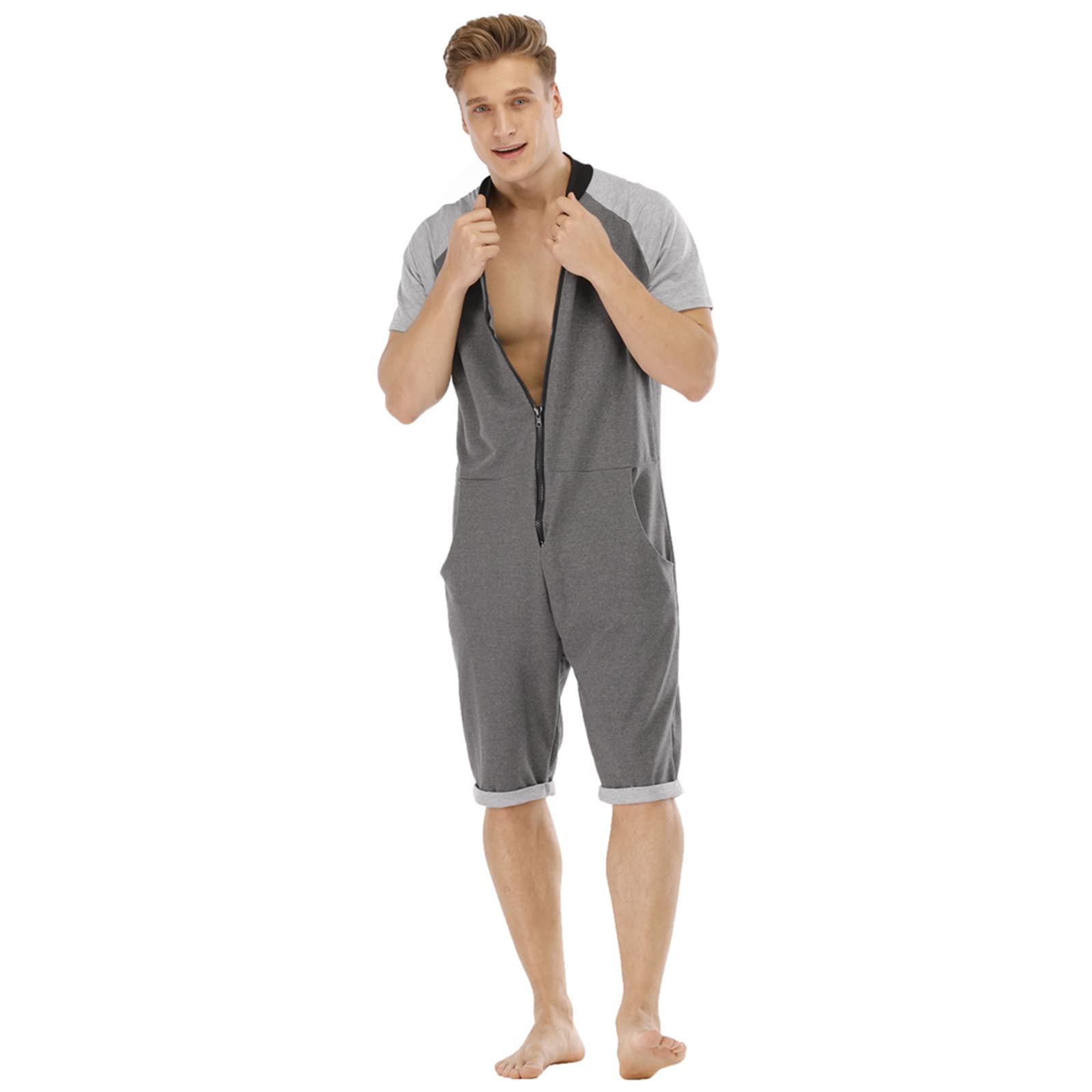 Pijama Corto Hombre Verano Una Pieza Pijamas Mono Entero con Capucha Manga Cortas Verano Jumpsuit Adulto Onesie Ropa de Casa Dormir
