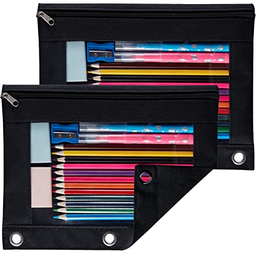 Sooez Pencil Pouch for 3 Ring Binder 2 Pack Binder Pencil Pouch with Clear Window Pencil Bags with Zipper & Reinforced Grommets Pencil Case for Binder Black & Black