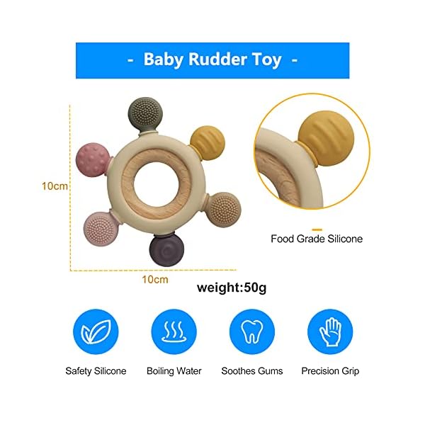Arudyo Beißring aus Silikon BPA-frei Spielzeug Baby Ruder Greifling Zahnen Nursing Zubehör mit Hölzern Ring (Khaki) – Bild 8