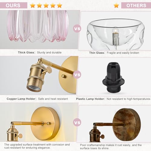 Image of Hardwired Wall Sconce Light, Vintage Wall Sconce with Switch, Gold Wall Light Fixture with Tulip Pink Glass Lampshade, Indoor Wall Light for Bedroom Bathroom, Bedside Wall Lamp