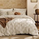 Bedsure Queen Size Comforter Set Beige, Boho Tufted Bed Set, Checkered Farmhouse Shabby Chic Bedding, 3 Pieces, 1 Plaid Geometric Comforter and 2 Pillow Shams