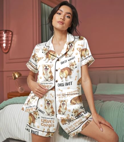 Image of HUNTFAMI Womens Soft Silky Satin Pajamas Set, 2 Pcs Sleep Short Pajamas for Mom and Grandma Button Down Summer Loungewear