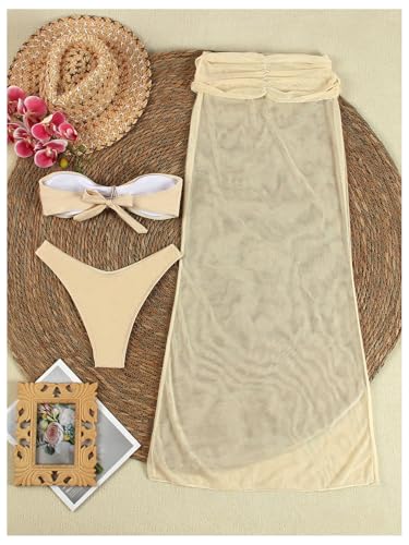 GORGLITTER Women's Strapless Bikini Star Decor Bandeau Swimsuits with Mesh Ruched Beach Cover Up Skirt Bathing Suit2