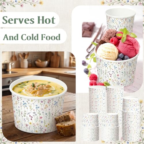 Image of Funnymoom 50 Pack Wildflower Ice Cream Cups 9 oz Spring Floral Disposable Dessert Bowls Flower Paper Soup Bowls Snack Cups for Hot or Cold Food Summer Tea Wedding Baby Shower Birthday Party Supplies