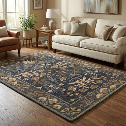 Tapete de lana floral hecho a mano beige/azul 3'x5' miniatura 4