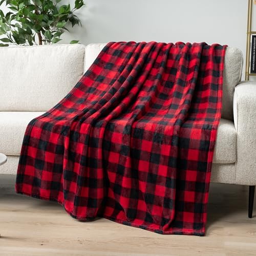 PAVILIA Black and Red Buffalo Plaid Fleece Throw Blanket for Couc...