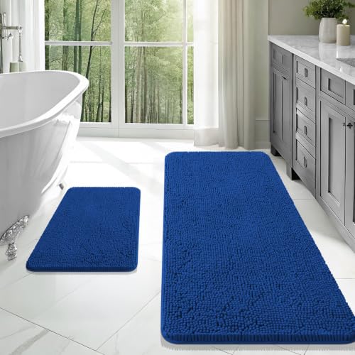 Image of OLANLY Chenille Bathroom Rugs Mats Set 2 Piece, 47 inchx20 inch+24 inchx16 inch, Royal Blue | Ultra Soft Absorbent Bath Rugs Set, Rubber Backing Non-Slip, Quick Dry, Machine Washable Bath Carpet, Home Decor Accessories