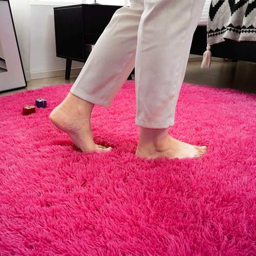 Fluffy Round Area Rugs for Bedroom,Hot Pink 3'X3'Shag Circle Area Rugs for Living Room,Non Slip Fuzzy Plush Rug for Kids Room Boys Girls Room and Dorm