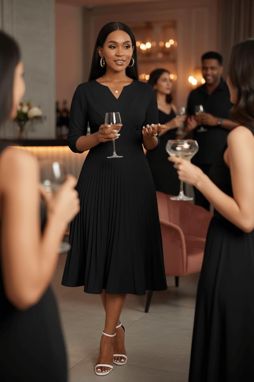 CLOCOR Midi Dresses for Women, 3/4 Sleeve A Line Pleated Casual Dress V Neck Church Cocktail Wedding Guest Dress - Image 2