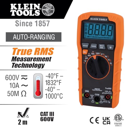 Klein Tools MM420 Digital Multimeter, Auto-Ranging TRMS Multimeter, 600V AC/DC Voltage, 10A AC/DC Current, 50 MOhms Resistance - Image 3